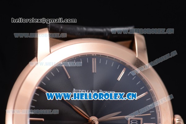 Audemars Piguet Jules Audemars Clone AP Calibre 3120 Automatic Rose Gold Case with Black Dial Black Leather Strap and Stick Markers (EF) - Click Image to Close
